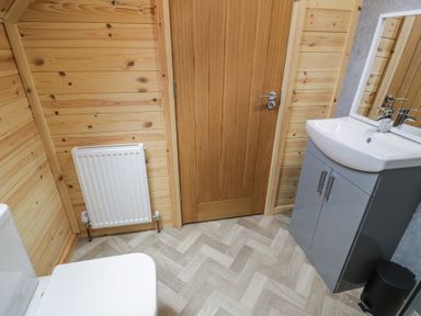 A bathroom with a wooden door a radiator a white toilet and a gray sink cabinet at Sunset Lodge 5 in Llanbedr