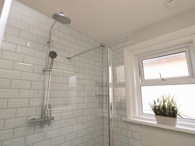 A shower area with a rain shower head and a handheld showerhead next to a frosted window with a small potted plant on the windowsill at Chine Heights in Bournemouth