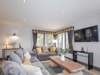 A living room with gray sofas yellow and white cushions wooden coffee table and wall mounted TV at Ben Luna Lodge in Drumnadrochit Loch Ness