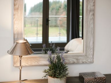 A table with a metallic lamp a potted plant and a decorative box in front of a mirror at Ben Luna Lodge Drumnadrochit Loch Ness
