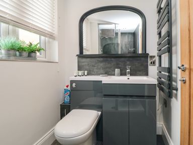 A bathroom with a toilet, sink, gray cabinets, black mirror, towel rack, and potted plants on the windowsill at Tower Apartment in Whitby