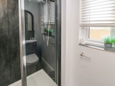 A bathroom with a glass shower enclosure a toilet a window with blinds and a small plant on the windowsill at Tower Apartment in Whitby