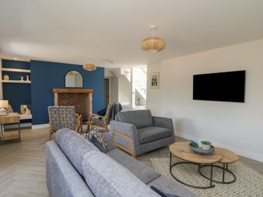 A living room with gray sofas a TV on the wall and a blue feature wall with a fireplace at Rhiwmynach in Pontarfynach near Aberystwyth