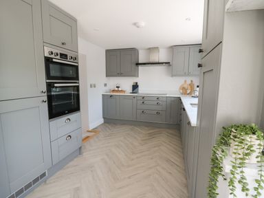 A kitchen with gray cabinets built-in ovens a stove with a hood and a plant on the counter at Rhiwmynach Pontarfynach near Aberystwyth