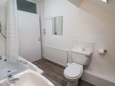 A bathroom with a bathtub shower curtain toilet sink mirror and radiator at South Bay Beach House in Bridlington