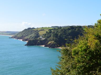 A coastal landscape with cliffs and blue sea at 5 Court Cottage Hillfield Village in Dartmouth