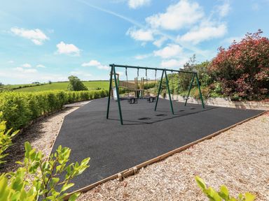 An outdoor playground with swings and a slide surrounded by green bushes and trees at 5 Court Cottage Hillfield Village Dartmouth