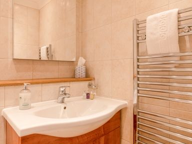A bathroom sink with soap dispenser small bottles tissue box mirror and towel on heater at 5 Court Cottage Hillfield Village in Dartmouth