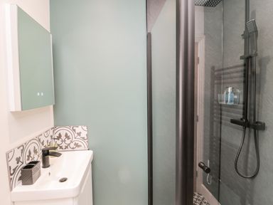 A bathroom with a white sink and black faucet next to a glass shower enclosure at Nene's Nest in Alnwick