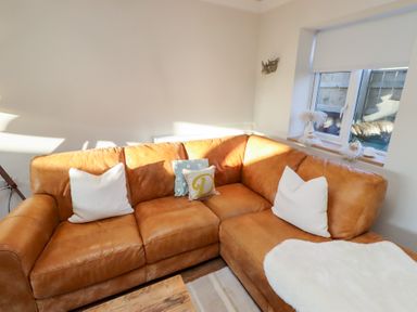 A living room with a brown sofa and cushions at Nene's Nest in Alnwick