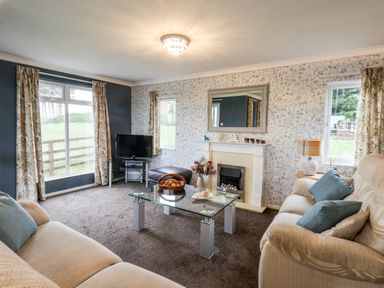 A living room with two beige sofas a glass coffee table a fireplace and a television at Handale Banks Farm Lodge in Liverton