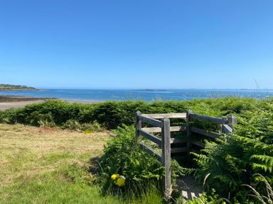 A coastal landscape with a wooden fence, grassy area, green bushes, and the sea in the background at Traeth Ora in Moelfre