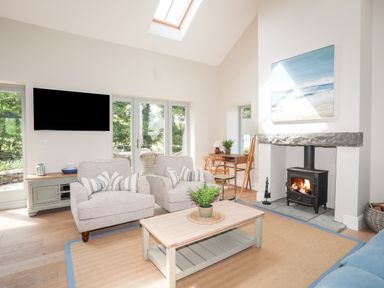 A living room with armchairs coffee table fireplace and television at Traeth Ora in Moelfre