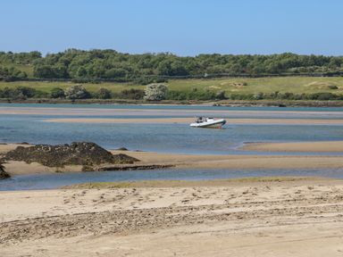 A beach with sand and water with a small boat and green shrubs in the background at Wig Carna in Holyhead