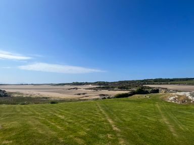 A grassy field with a sandy beach and shrubs under a clear blue sky at Wig Carna in Holyhead