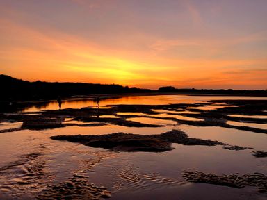 A beach with sand and shallow water pools at sunset with two people walking near the water at Wig Carna in Holyhead