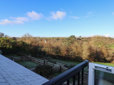 A view of a fenced garden and trees beyond from a balcony at Fern Cottage in Muddiford near West Down