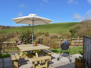 An outdoor patio with a wooden picnic table and white umbrella a small charcoal grill and flower pots with green hills in the background at Fern Cottage in Muddiford near West Down