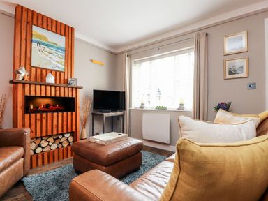 A living room with a fireplace painting tv leather furniture and a window at Inny Brook Cottage Davidstow near Camelford