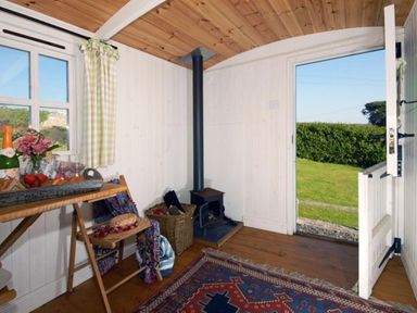 An interior room with wooden ceiling and floor a small stove and a doorway open to a grassy yard at Shepherd's Hut in Southerndown near St Brides Major