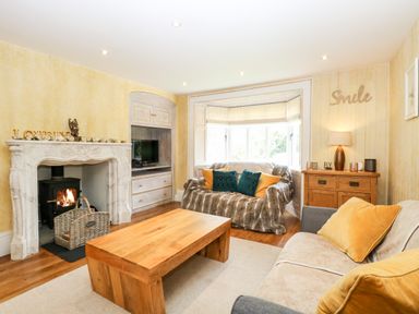 A living room with a wooden table a sofa with yellow pillows a loveseat with blue and yellow pillows a fireplace and a wooden sideboard at The Farmhouse in Felmingham near North Walsham