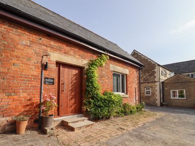 A brick cottage entrance with plants in pots and a wooden door at Mayfield Cottage in Nr Malmesbury