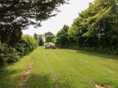 A garden with a greenhouse on a lawn surrounded by trees at The Old Forge Cottage in Kilkhampton