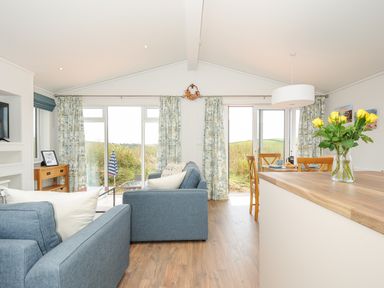 A living room and dining area with blue sofas, wooden dining chairs, a wooden countertop with a vase of yellow roses and large windows at Midway Lodge in Cawsand near Kingsand