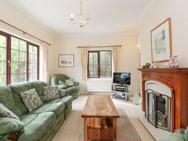 A living room with green sofas a wooden coffee table a fireplace and a television at Brantfell Lodge in Bowness-On-Windermere