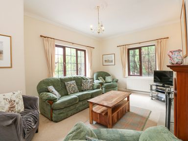 A living room with green sofas and armchair a wooden coffee table a TV on a stand and floral curtains at Brantfell Lodge in Bowness-On-Windermere