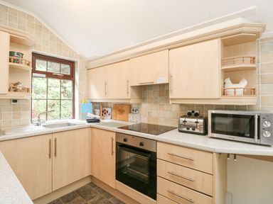 A kitchen with wooden cabinets a window a sink an oven a toaster and a microwave at Brantfell Lodge in Bowness-On-Windermere