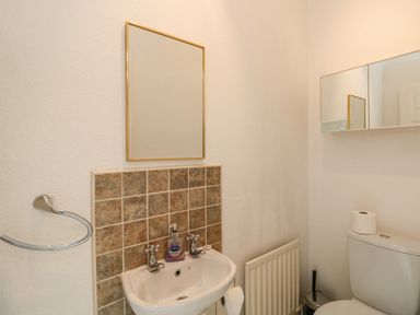 A bathroom with a sink and mirror above it a toilet with a roll of toilet paper on top and a radiator next to the sink at Brantfell Lodge in Bowness-On-Windermere