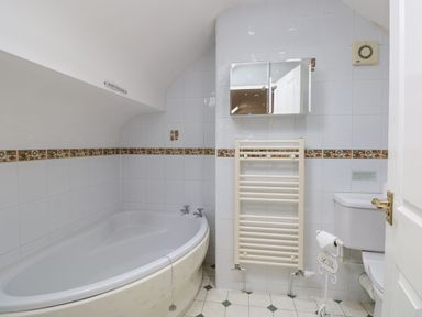 A bathroom with a corner bathtub a wall-mounted towel radiator a toilet and a mirrored cabinet at Brantfell Lodge in Bowness-On-Windermere