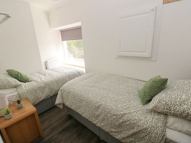 A bedroom with two single beds and green patterned bedding at Greenheart Cottage in Pontrhydyfen