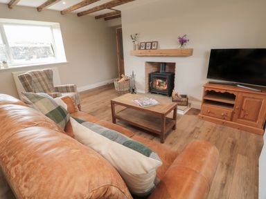 A living room with a leather sofa armchair coffee table wood burning stove and television at The Hollow in West Woodburn