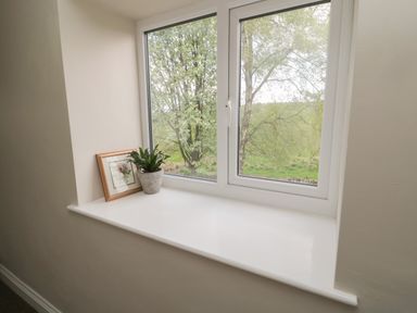 A window with a potted plant and framed picture on the windowsill overlooking trees at The Hollow in West Woodburn