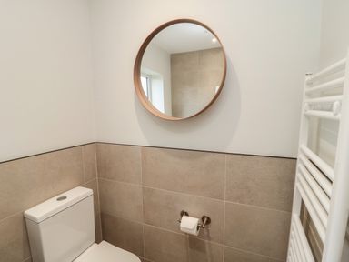 A bathroom with a toilet a round mirror on the wall a toilet paper holder and a white towel radiator at The Hollow in West Woodburn