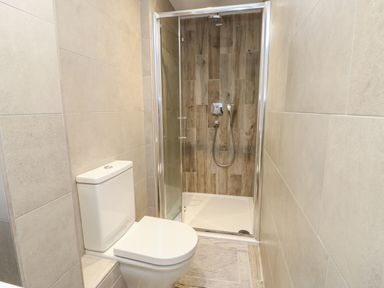 A bathroom with a toilet and a shower with glass doors at Fir Tree Cottage in Llanrug