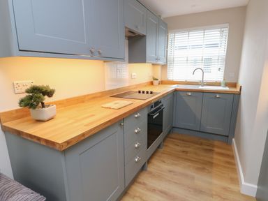 A kitchen with wooden countertops blue cabinets a cooktop an oven a sink under a window and a small potted plant at Bay Tree Cottage in Llanrug