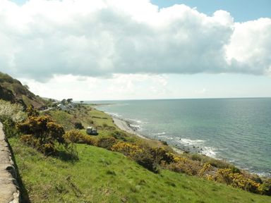 A coastal landscape with green grass and bushes beside the sea at Tawelfan in Llwyngwril