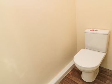 A toilet in a small room with beige walls and wooden flooring at 31A The Green in Scalby