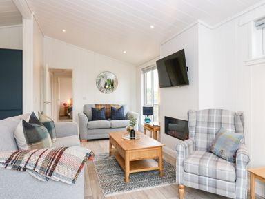 A living room with grey sofas a wooden coffee table a plaid armchair a wall-mounted TV and a fireplace at Eden Fields Lodge in Cupar Fife