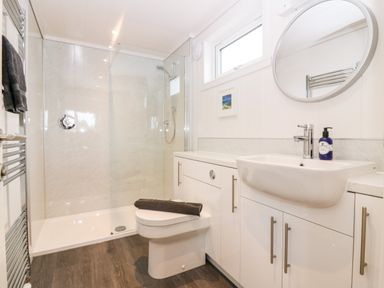 A bathroom with a walk-in shower toilet sink mirror and cabinet storage at Eden Fields Lodge in Cupar Fife