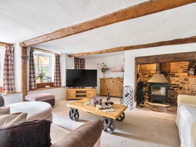 A living room with a sofa, television, and fireplace at 2 Pigsfoot Cottages Ash Thomas near Halberton, Devon