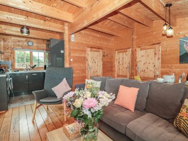 A living area with a gray sofa and a gray chair near a wooden kitchen at Pigsfoot Lodge in Ash Thomas near Halberton Devon