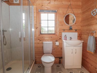 A bathroom with a shower, toilet, sink with cabinet, mirror and towel at Pigsfoot Lodge in Ash Thomas near Halberton Devon