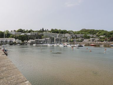 A harbor with boats and sailboats docked near a town with houses on a hill at 25 South Snowdon Wharf in Porthmadog