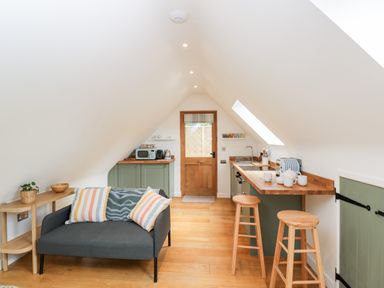 A small kitchen and living area with a wooden door and sloped ceiling at The Rookery in Fulbrook near Burford