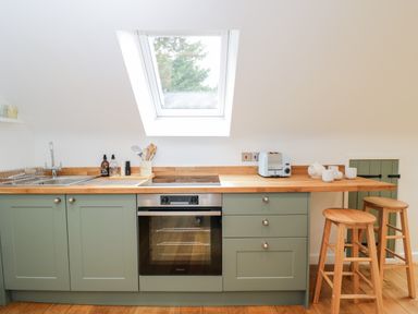 A kitchen with green cabinets wooden countertops a sink a stovetop an oven a toaster cups two wooden stools and a skylight at The Rookery in Fulbrook near Burford