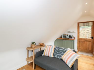 A small living area with a gray sofa with pillows a wooden side table with a plant a green cabinet with a microwave kettle and coffee machine and a wooden door at The Rookery in Fulbrook near Burford